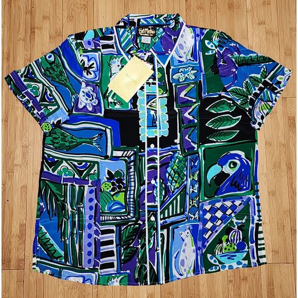 Bob Mackie Wearable Art Silk Shirt Green Blue Cat Parrot Monkey Print 1X PLUS - Picture 1 of 11